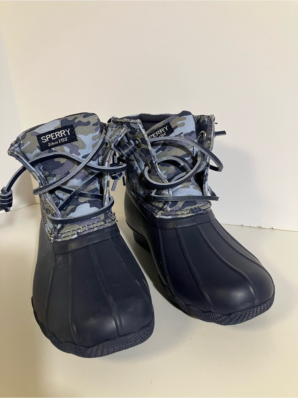 Sperry Navy Duck Boots with Blue Camo Collar
